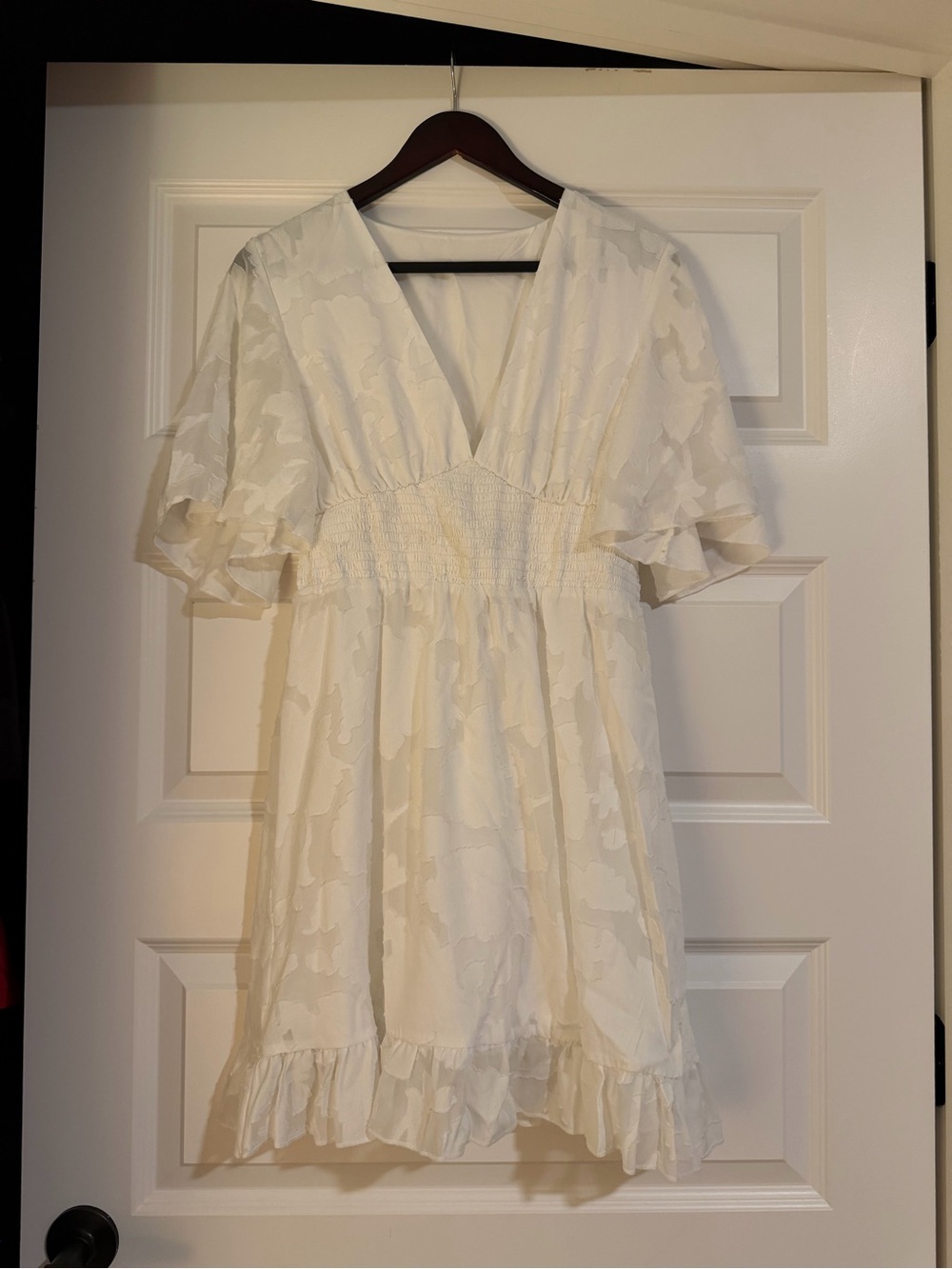 White short sleeve mini dress with floral embroidery, size M